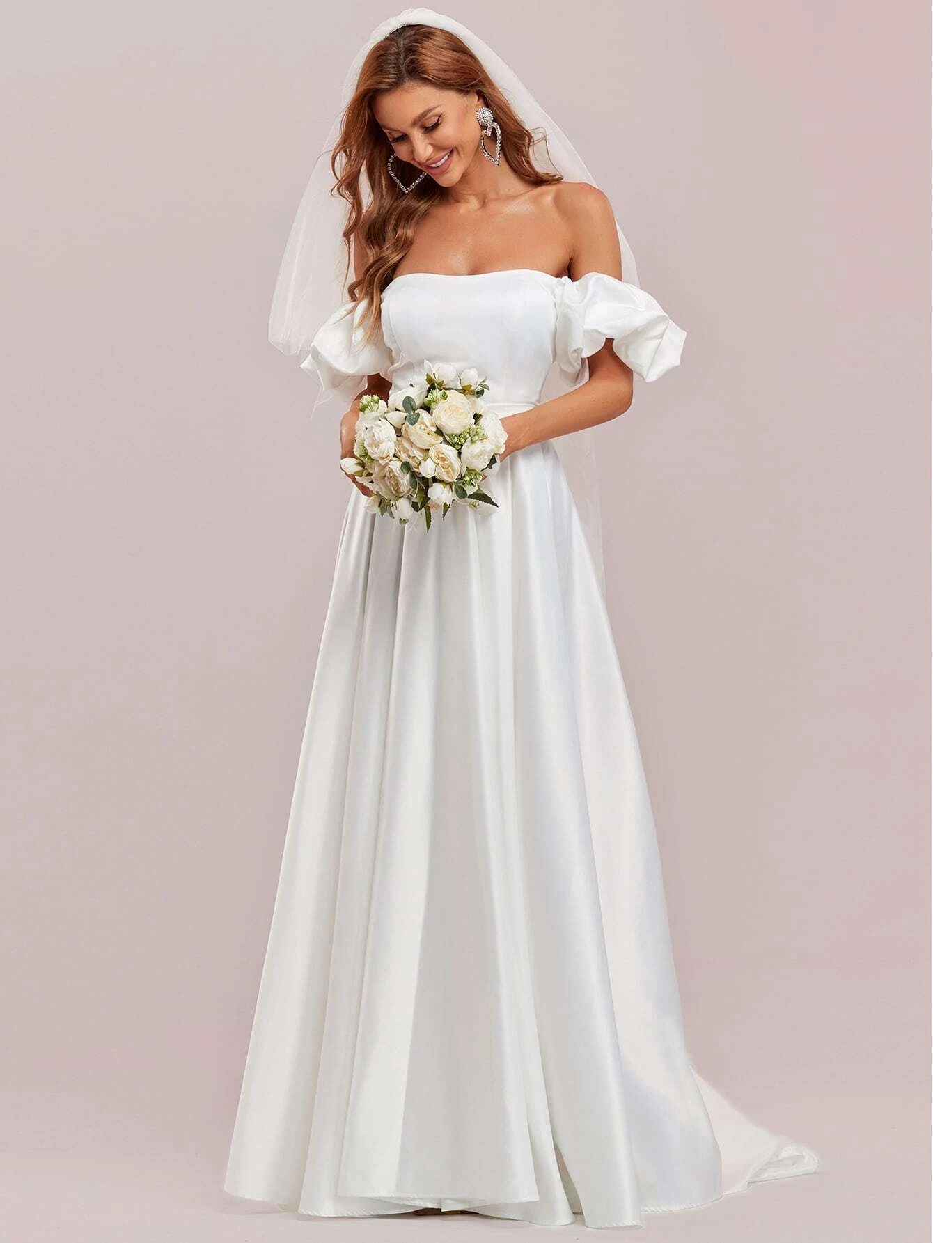 Bridal Gown Plus Size 2022 A-line Satin Wedding Dresses Off Shoulder Puff Sleeve Buckled Belted vestidos de noiva