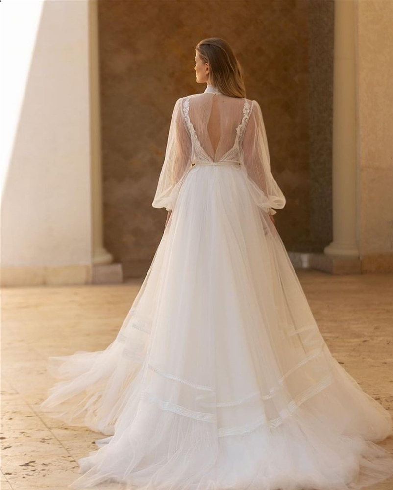Newest A Line Wedding Dresses Long Sleeves High Neck Appliqued Lace Princess Bridal Gowns Chic Sweep Train Robes De Marie