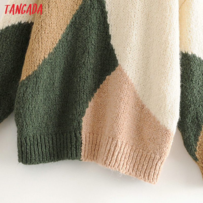 Tangada korea chic women color block sweater vintage ladies oversized soft knitted jumper tops 3H230 201017