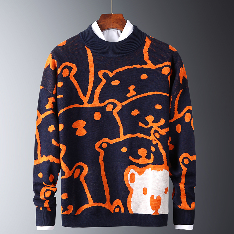 Mens Autumn Casual Sweaters Polar Bear Pattern Trendy Slim Sweaters Cotton Long Sleeve Round Collar Male Warm Pullovers Orange 201022