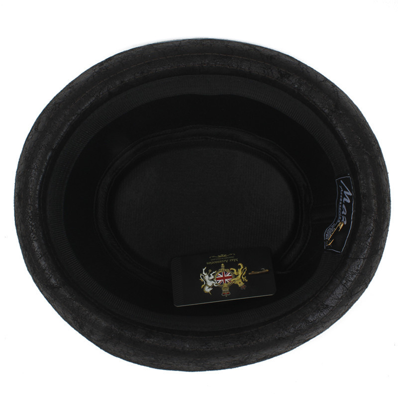 100% Leather Pork Pie Fedora Men Boater Flat For Gentleman Dad Porkpie Gambler Top Hat Big 4Size T200508