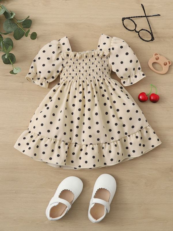 Baby Polka Dot Shirred Bodice Ruffle Hem Dress SHE