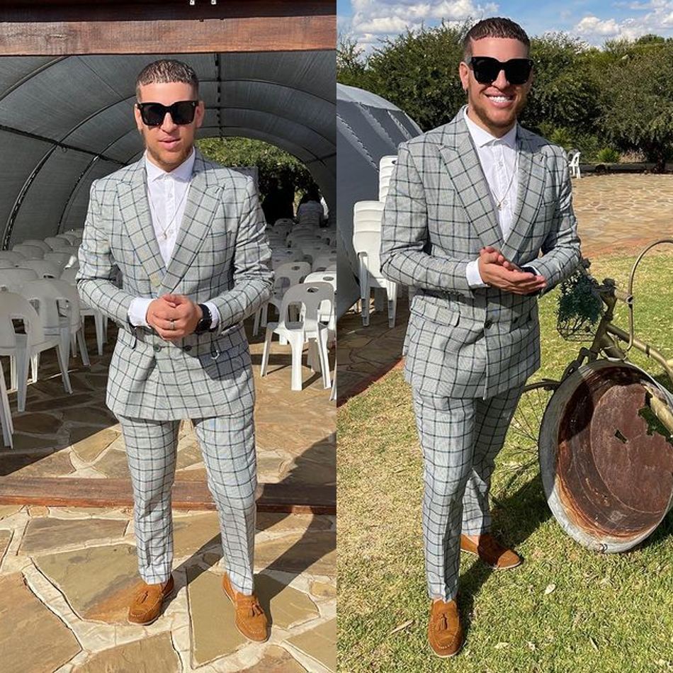 Gray Check Double Breasted Mens Pants Suits Plus Size Groom Best Man Coat Business Wedding Blazer (Jacket+Pants)