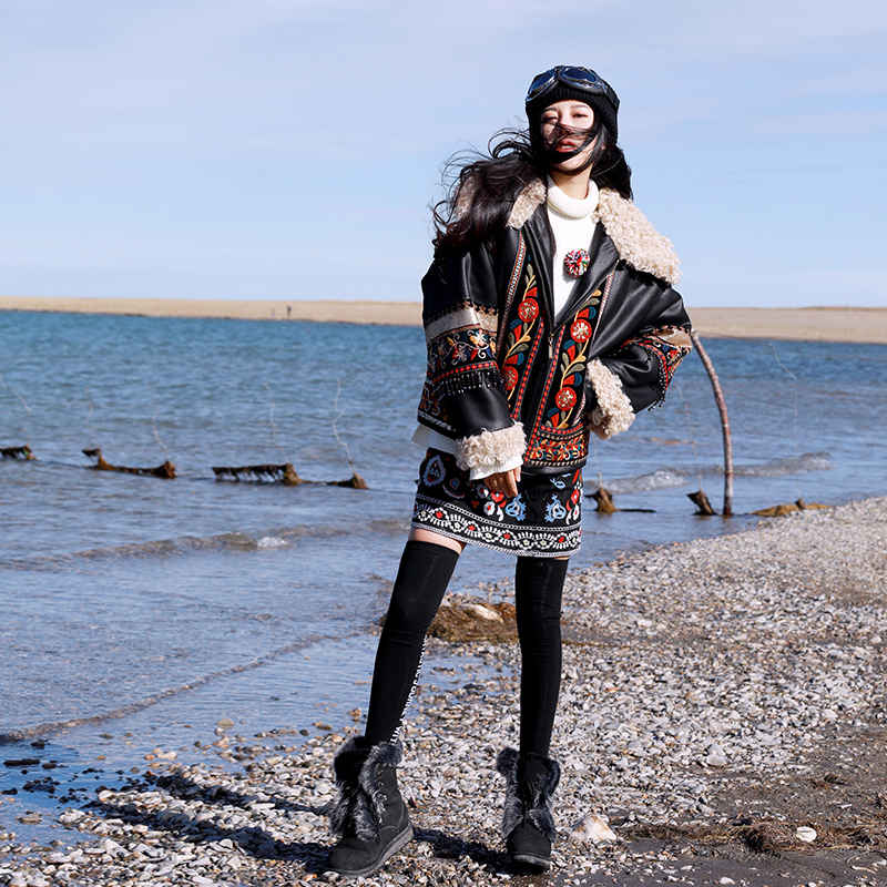 Vintage Tassel PU Leather Lambswool Jacket | Warm Black Locomotive Coat For Women B4