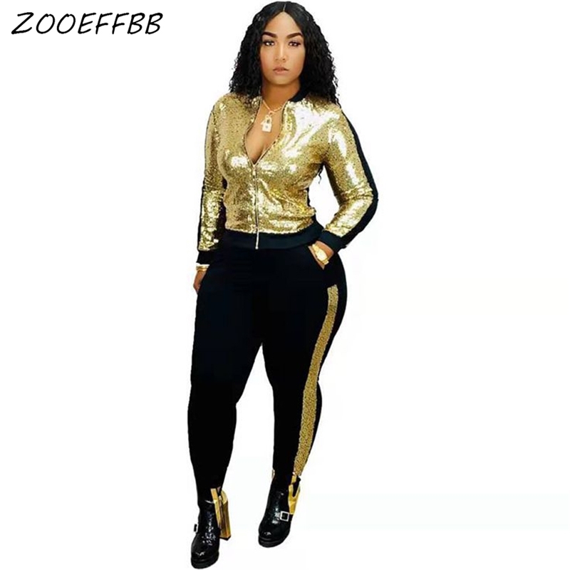 ZKYZWX Plus Size Sequin 2 Piece Set Women Fall Winter Festival Clothing Jacket Pant Two Piece Matching Sets Sexy Club Outfits