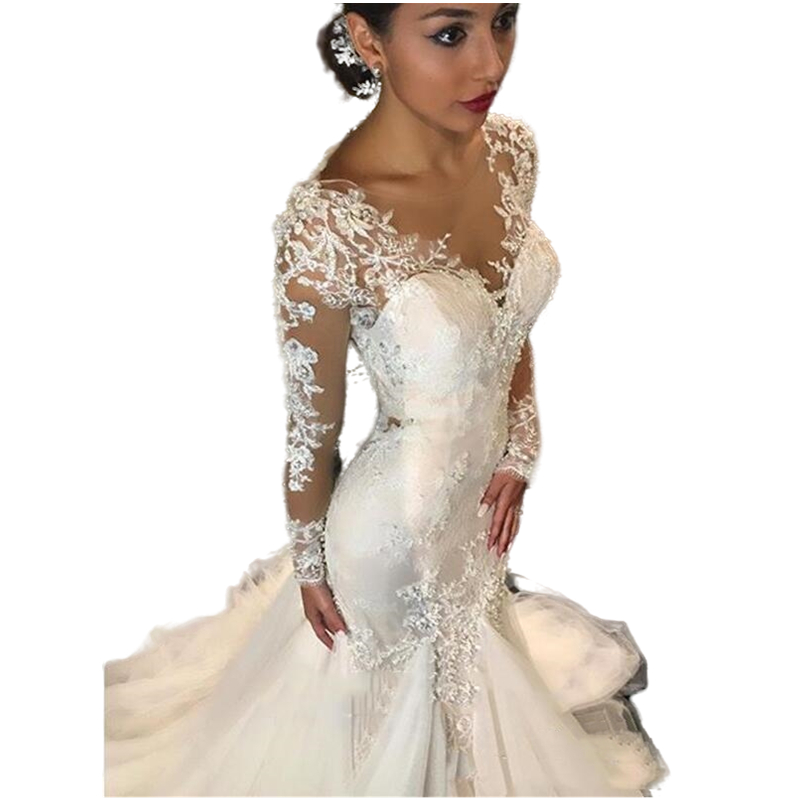 2022 Vintage Ivory Tulle Mermaid Fit Wedding Dresses Bridal Gowns Sexy Long Sleeve Illusion Back Beaded Luxury Bride Dress Vestidos De Novia