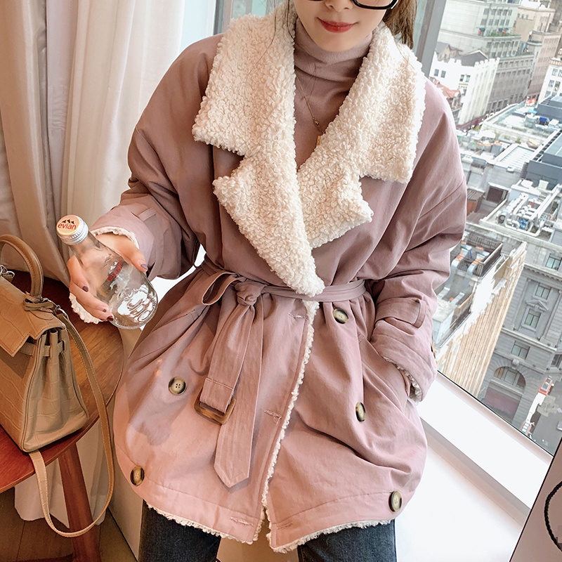 MISHOW Two Side Avaliable Winter Coat For Women Lambswool Parka Waist Belt Slim Jacket MX19D8332 201017