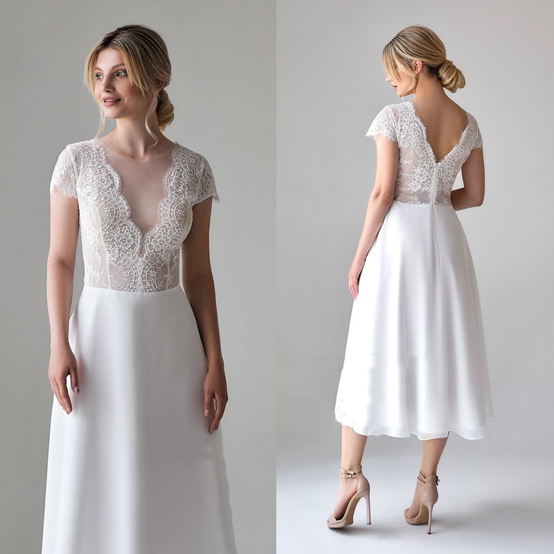 Classic Short A Line Wedding Dress Lace Top Illusion V-Neck Backless Simple White Reception Dresses Boho Chiffon Wedding Gowns Vintage Summer Vestidos