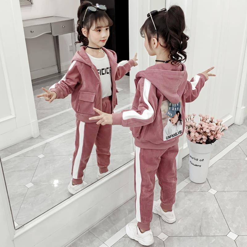 Girls Children Spring Fall Winter New 2020 Warm Girls Clothing Set 2 Pcs Little Kids Cartoon Clothes Velour Tops + Pants SuitX1019