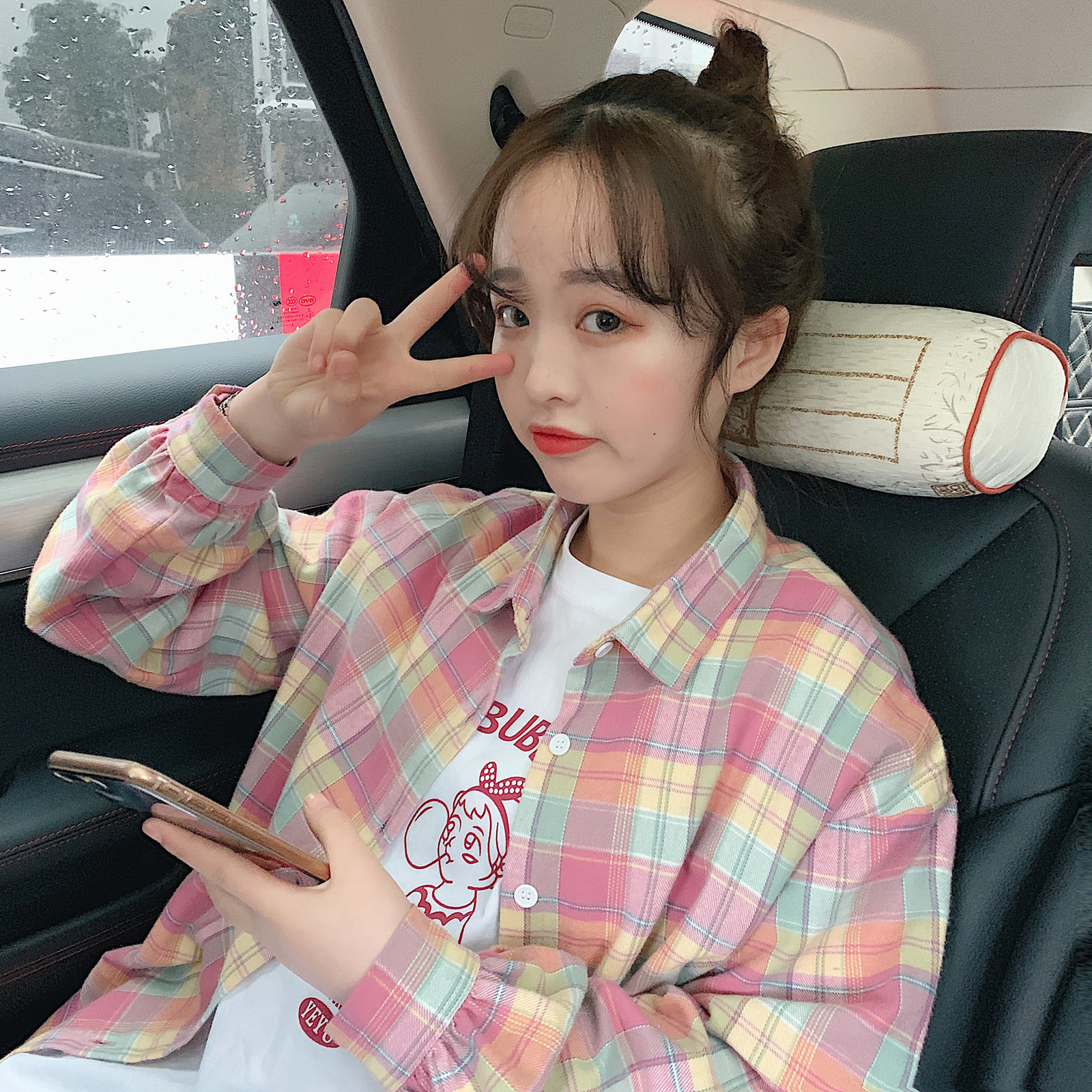 Loose Lantern Sleeve Rainbow Plaid Shirt Women's Summer Shirts Kawaii Ulzzang Lovely Female Sweet Haruku Cute Top For Women T200321 B3