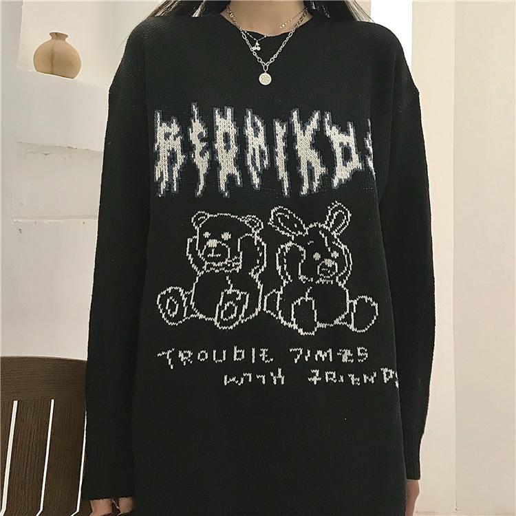 Vintage Loose Pullover Knit Sweater Women Long Sleeve Childlike Cartoon Letter Jacquard Pattern Tops Jumpers Fashion Streetwear, Black
Vintage Loose Pullover Knit Sweater Women Long Sleeve Childlike Cartoon Letter Jacquard Pattern Tops Jumpers Fashion Streetwear, Black
