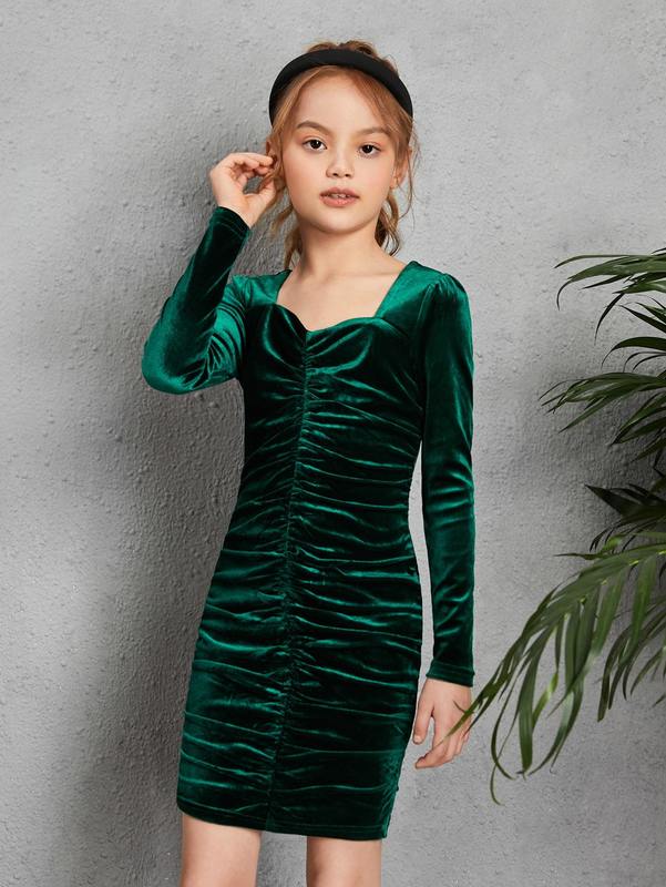 Girls Ruched Front Sweetheart Neck Velvet Dress SHE