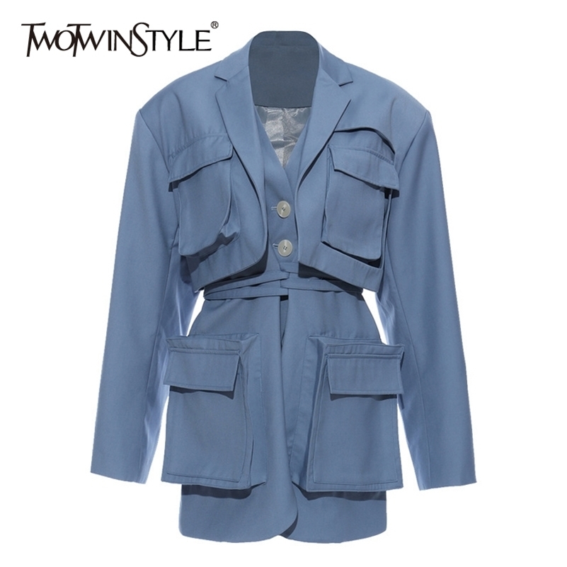 TWOTWINSTYLE Casual Women Blazer Notched Collar Long Sleeve High Waist Lace Up Patchwork Pockets Suit Female Fashion Clothes New 201114, Blue
TWOTWINSTYLE Casual Women Blazer Notched Collar Long Sleeve High Waist Lace Up Patchwork Pockets Suit Female Fashion Clothes New 201114, Blue