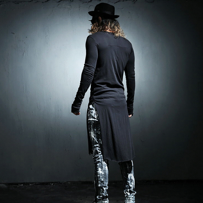 Mens spring and autumn solid color round neck doublesided open longsleeved super long Tshirt with gloves large size 201116