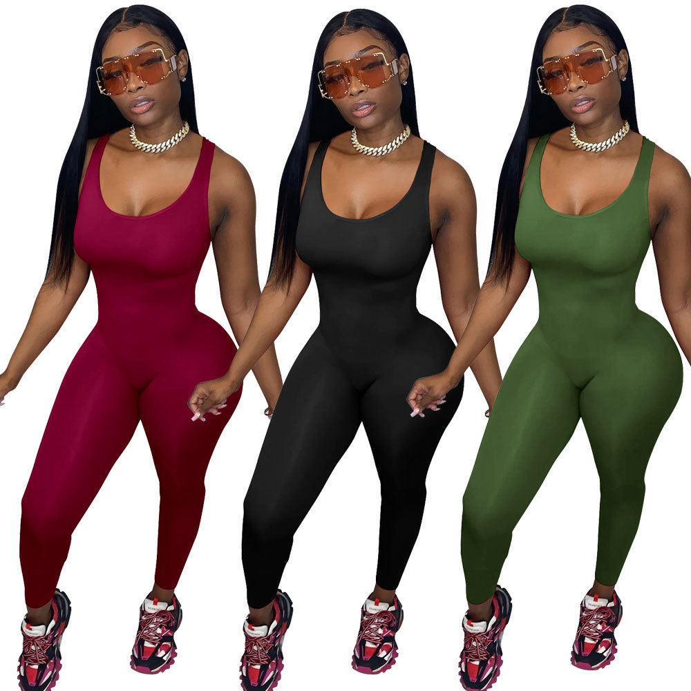 Designer style 2023 Women Fashion bodycon Jumpsuit U-neck multi color elastic sleeveless trousers Solid Slim Rompers jumpsuits