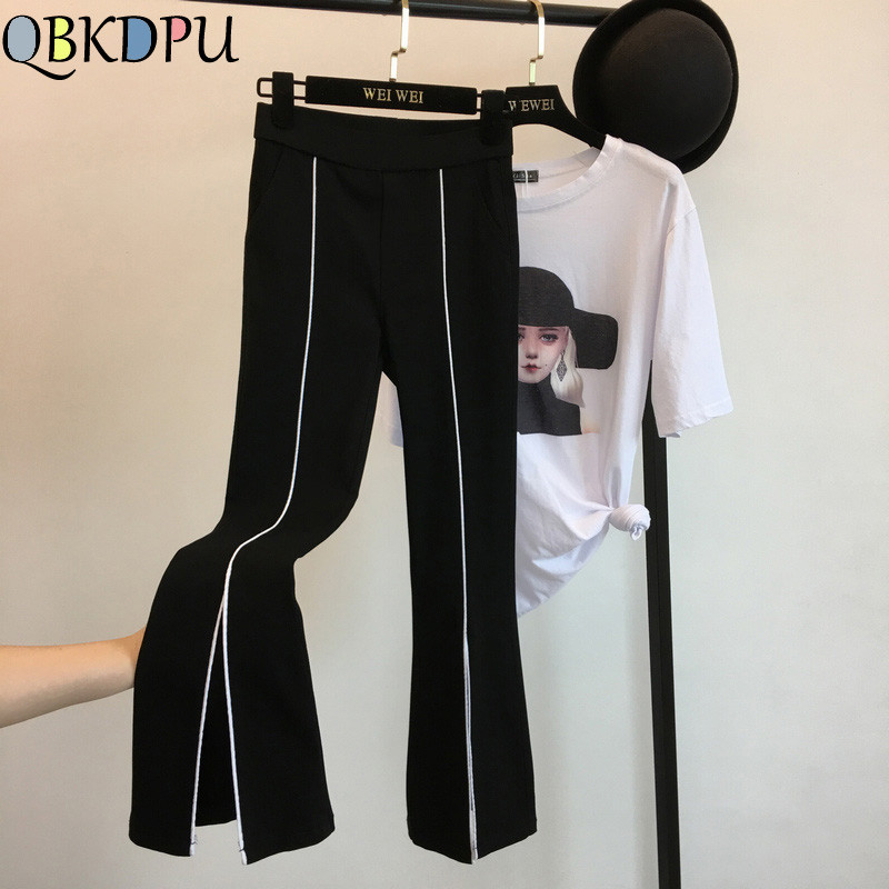 Fashion streetwear black bell-bottomed pants women formal office Split Slim Flared Trousers plus size Elastic waist Flare pants 201228