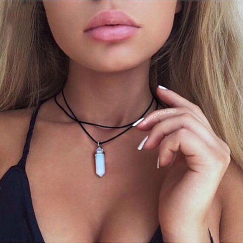 Natural Crystal Chakra Pendulum Pendant Necklaces For Women Rose Quartz opal Hexagonal Stone Leather Choker Chain Statement Necklace