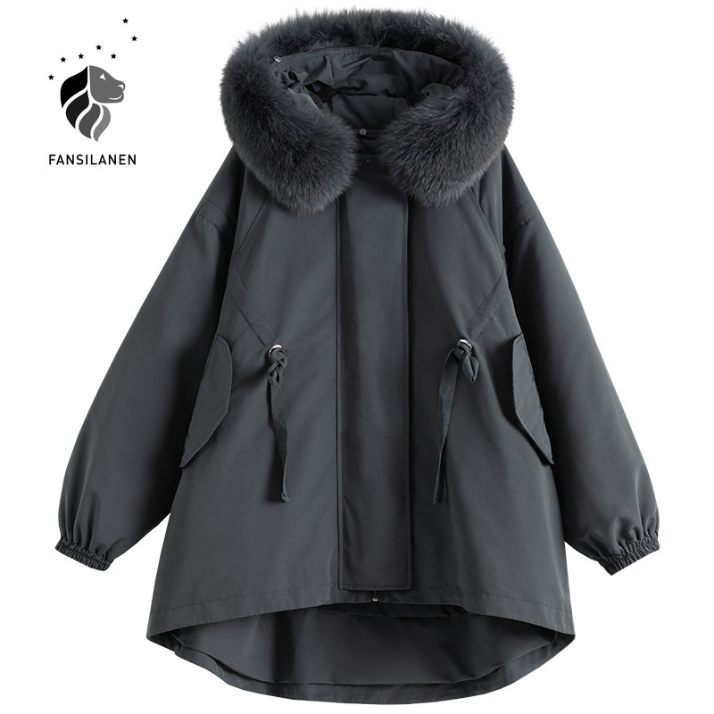 FANSILANEN Hooded casual oversized down jacket Women real fur collar wram winter coat Female pleated feather down parka overcoat 201019