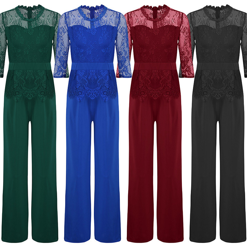Lace Jumpsuit Women Rompers 2019 Summer Elegant Ladies Office Work Wear overalls for Women Wide Leg Playsuit Tracksuit Long Pant T200107
