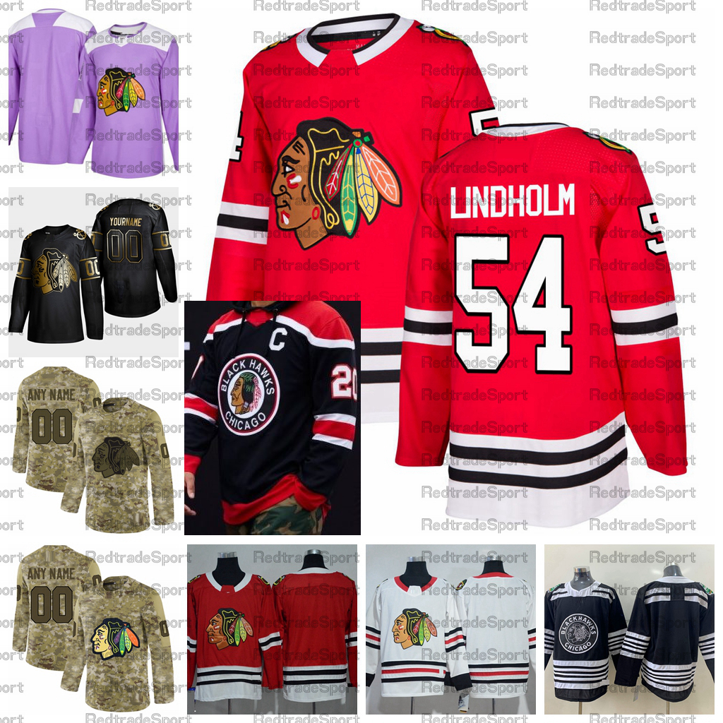 

2021 Reverse Retro Customize #54 Anton Lindholm Chicago Blackhawks Hockey Jerseys Golden Edition Camo Veterans Day Fights Cancer Shirts, Beige