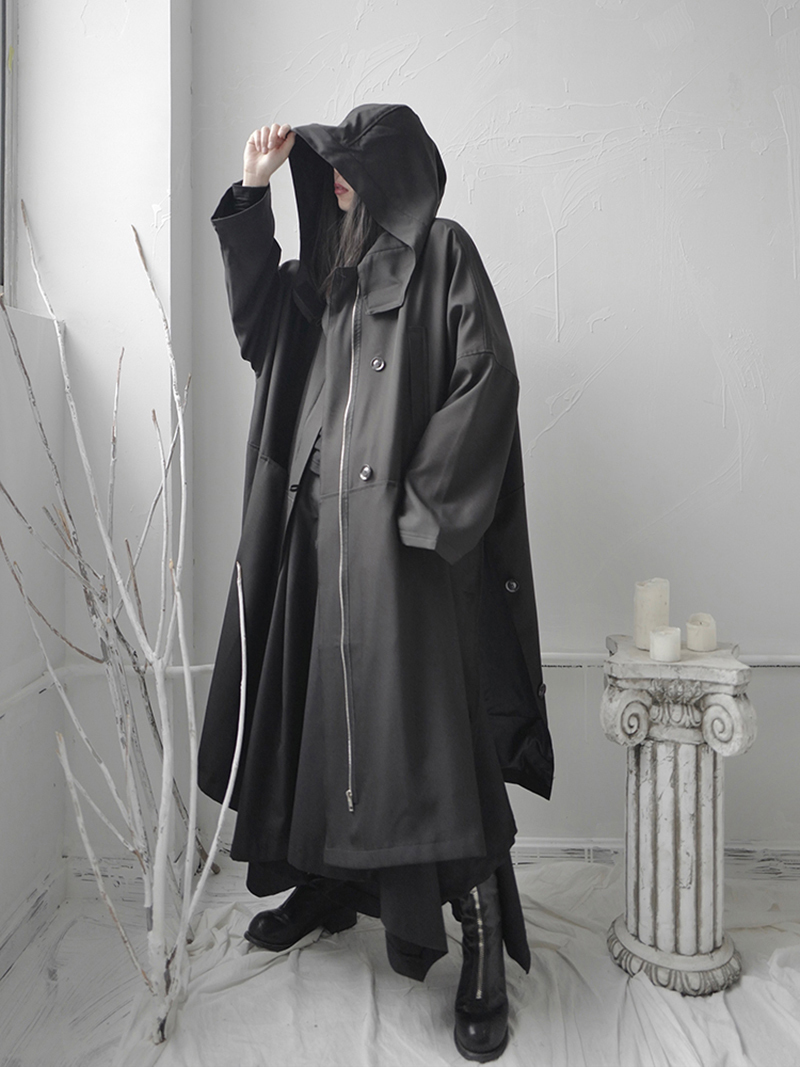 EAM Loose Fit Black Vent Split Joint Big Size Long Jacket Hooded Sleeve Women Coat Fashion Spring 1S662 201017