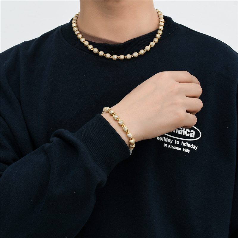 Mens Street Hip Hop 8mm 7-24inch Gold Sier Colors Bling CZ Round Beads Chain Necklace Bracelet Jewelry