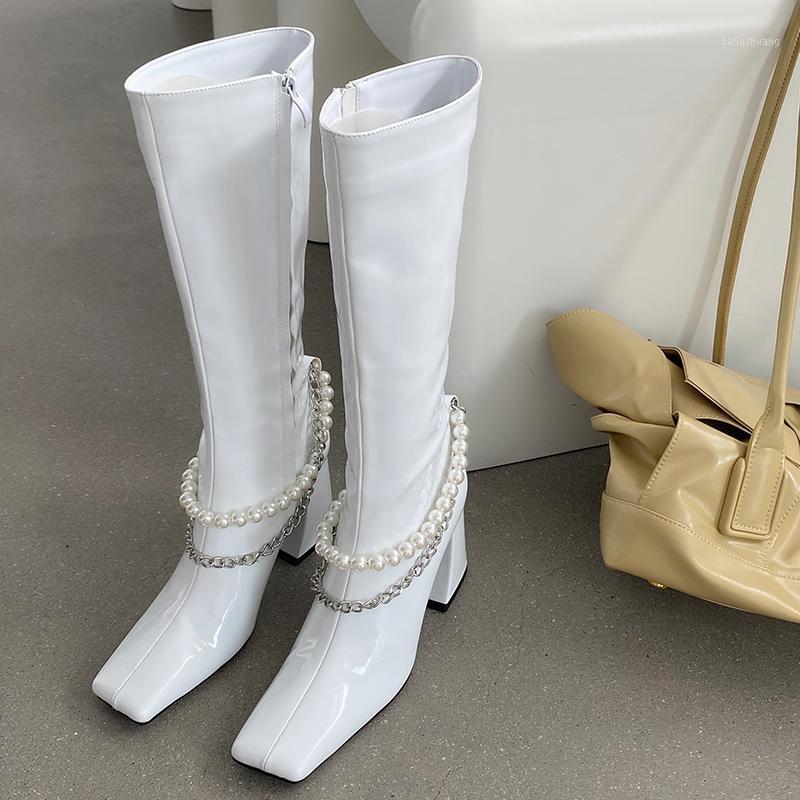 2020 INS Luxury Women White Thick High Heels Pearl Long Boots Winter Suqare Toe Knee High Boots Patent Leather Thigh1, Black-short
2020 INS Luxury Women White Thick High Heels Pearl Long Boots Winter Suqare Toe Knee High Boots Patent Leather Thigh1, Black-short