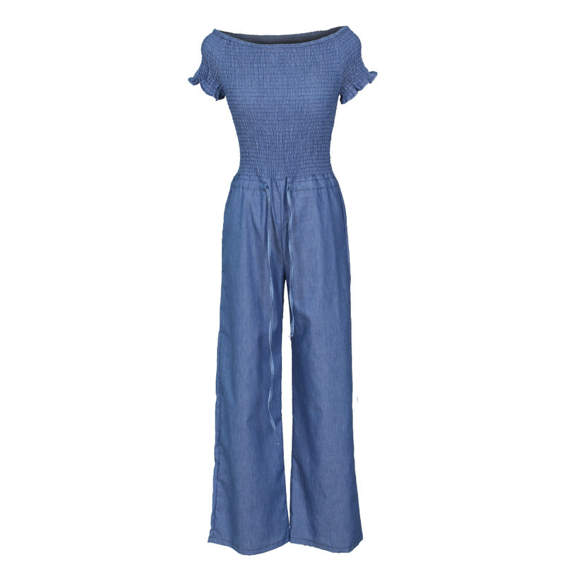 Europe and the fold a word shoulder denim jumpsuits with short sleeves Sexy wide legged jumpsuits0224 T200107
