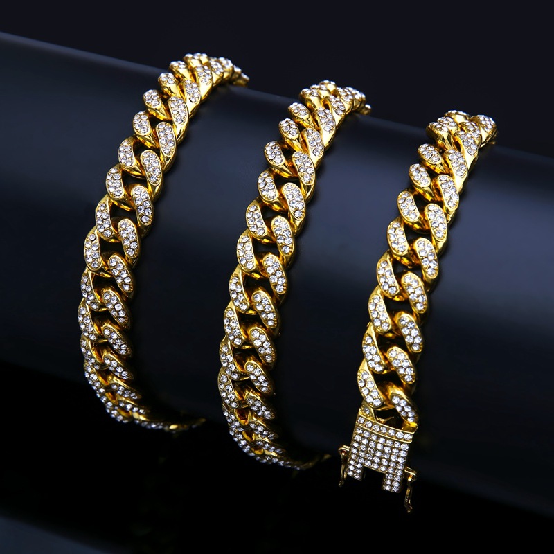 Hip Hop Jewelry Mens Gold Silver Miami Cuban Link Chain Necklaces Fashion Bling Diamond Iced Out Chian Necklace for Women Bracelet