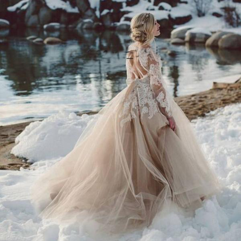 Champagne Lace Beach Wedding Dresses with Long Sleeves Tulle Backless Fairy Tale Bride Gowns Vestido De Noiva