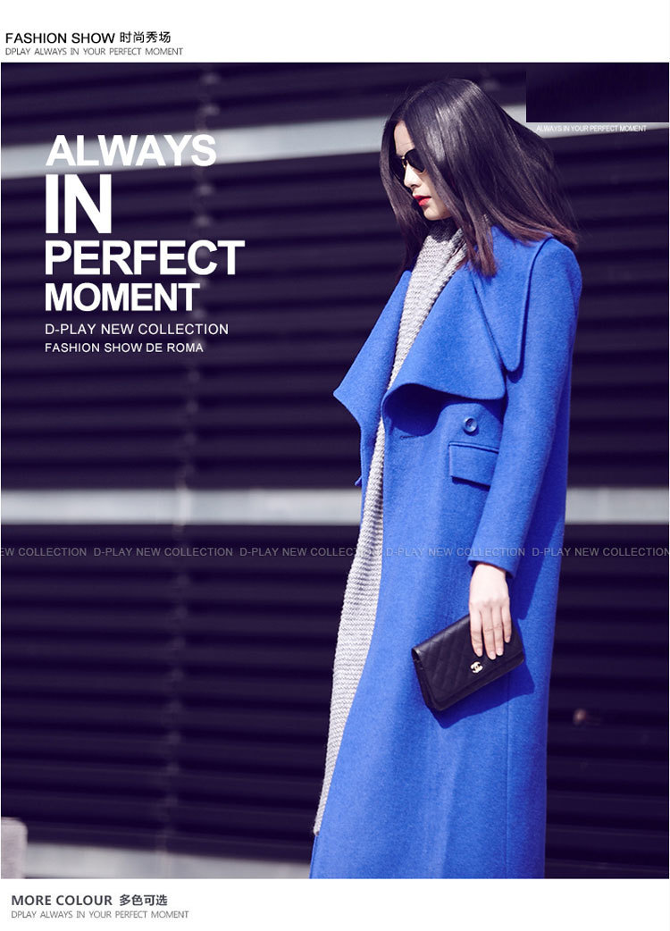 Winter Woman Coats large Lapel Slim Slimming Woolen Long Coat Fashion Blue Woolen Jacket Female Jacket Double Breasted Coat 201102