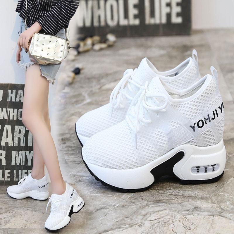 

New Women High Top Sneakers Platform Wedge Heels Leather Shoes 10CM Summer Breathable Casual Shoes Zapatillas Deportivas Mujer, Black