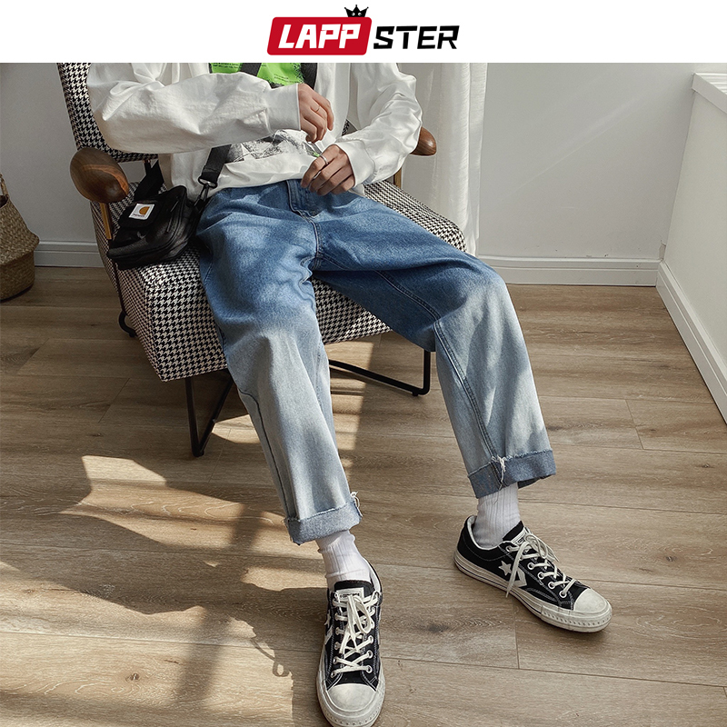 LAPPSTER Men Gradient Color Blue Jeans Pants Mens Japanese Streetwear Denim Pants Male Patchwork Fashions Harem Pants 5XL 201123