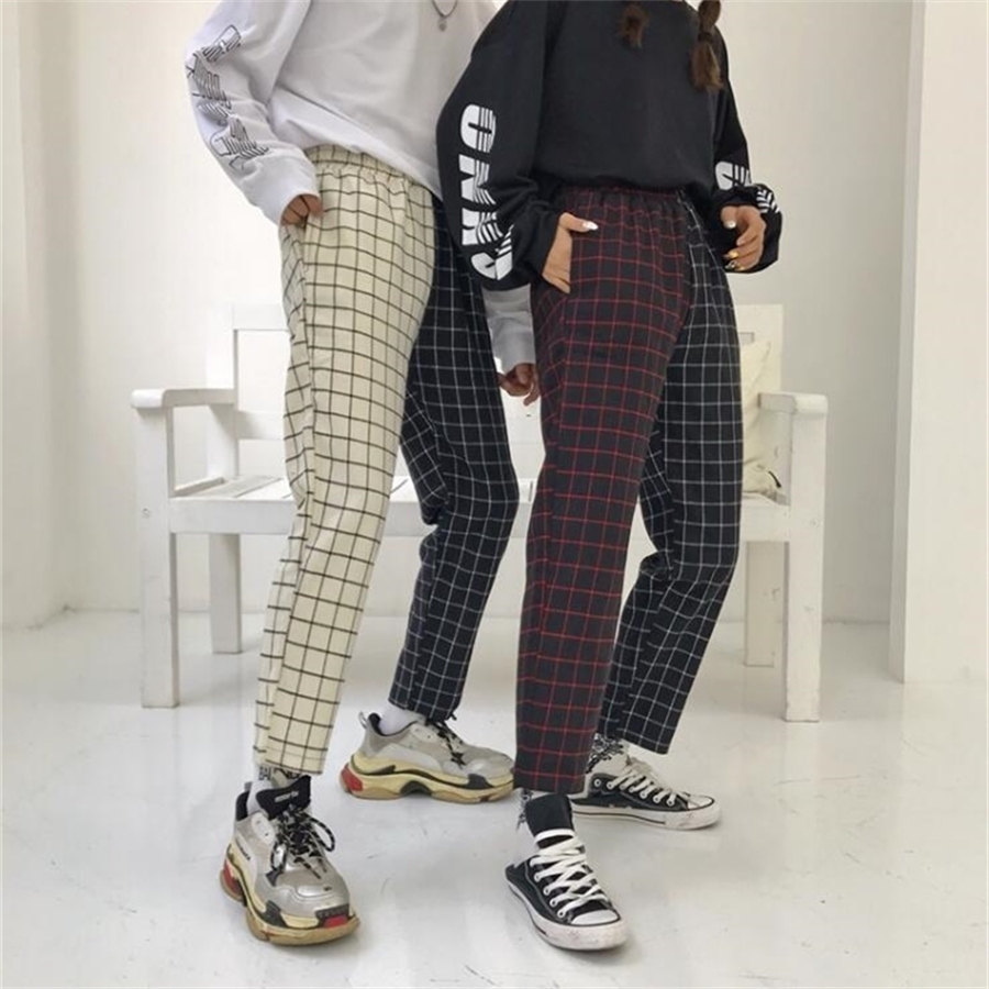 New Harajuku Patchwork Plaid Pant Women Elastic Waist Straight Pants 201118, White and black
New Harajuku Patchwork Plaid Pant Women Elastic Waist Straight Pants 201118, White and black
