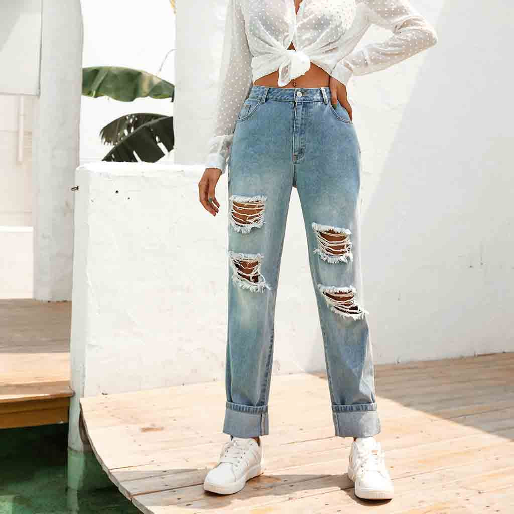 Hot Sale ripped jeans for women Slim-Fit Denim Zipper mom Jeans Trousers Loose Pants high waist jeans Woman vaqueros mujer 201105