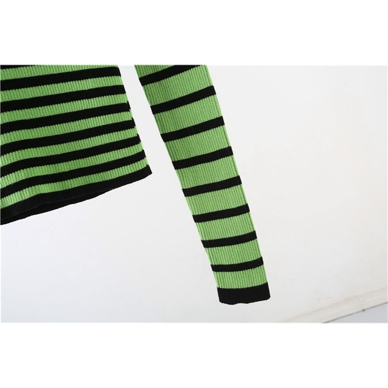 Harajuku Contrast Striped Sweater Black Green Color Block Ribbed Knit Slim Tops Sweater Women Pullovers 201017