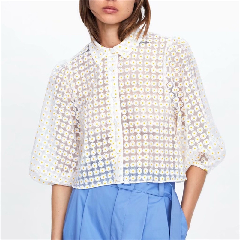 Women sweet floral print crop top three quarter puff sleeve turn down collar transparent female causal blouse 201130