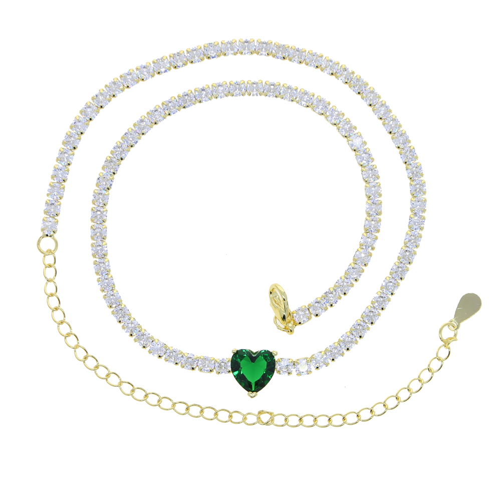 2021 Valentine's Day Gift 3mm Thin Tennis Chain Rainbow Colorful Red Green Blue White CZ Heart Gold Plated Girl Choker Necklace