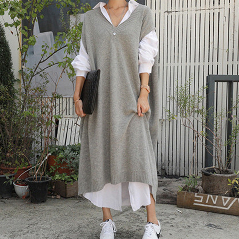 Mozuleva Oversized Women Sweater Long Dress Autumn Winter Vneck Batwing Sleeve Female Knitting Dress Solid Vestidos 201110