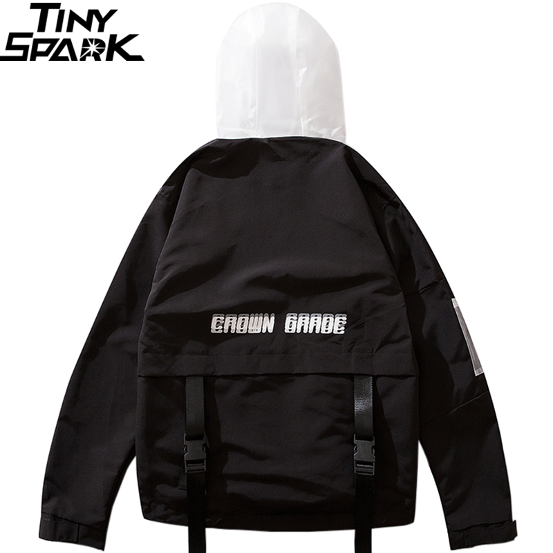 Men Jacket Windbreaker Hip Hop Streetwear Harajuku Hood Jacket Buckle Ribbon Multi Pocket 2019 Autumn Zipper Track Jacket Hoodie T200603