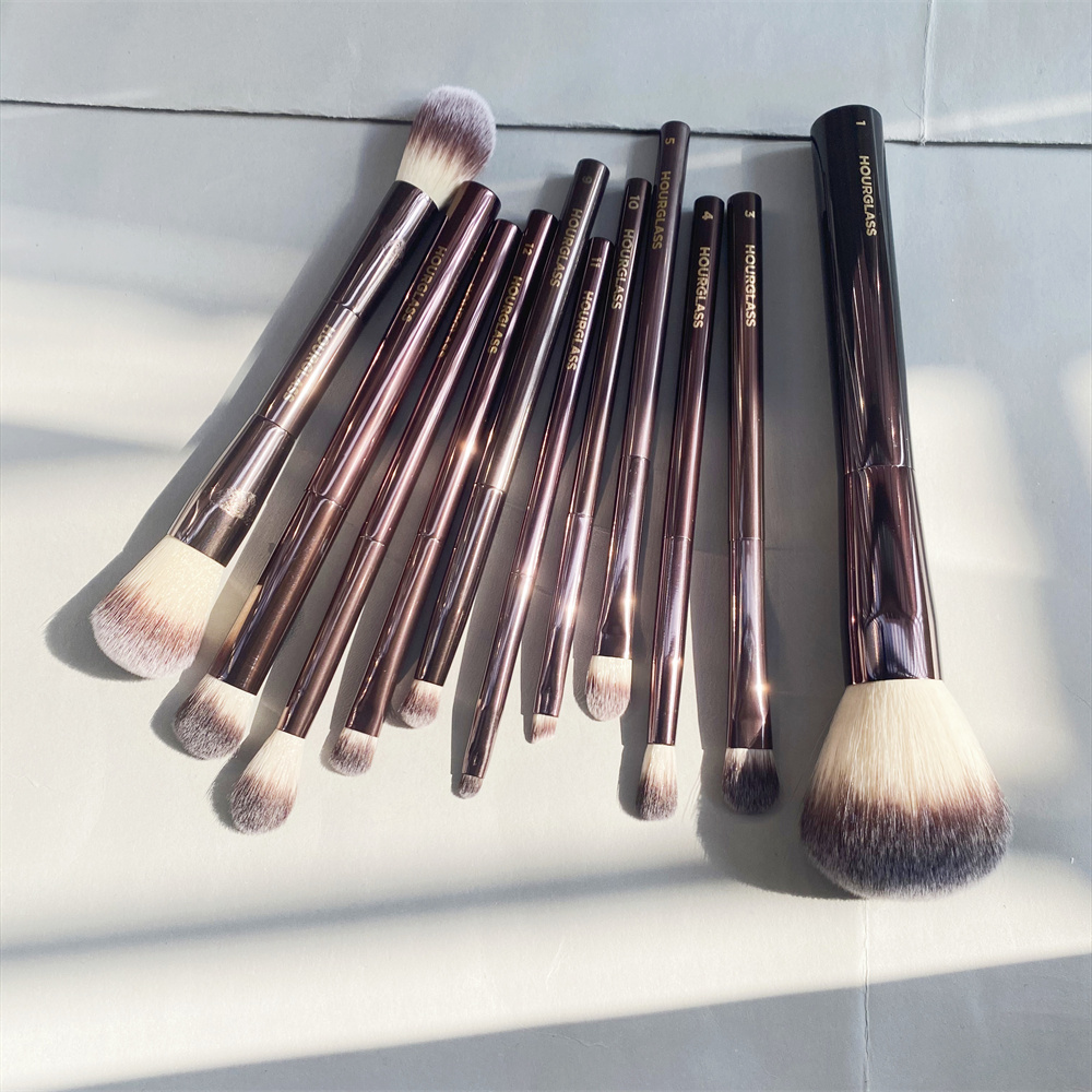 Hourglass Makeup Brushes Set 10Pcs Cosmetic Brush for Face Powder Blush Eye Shadow Crease Concealer Brow Liner Sdger Dark-Bronze Metal Handle Beauty T