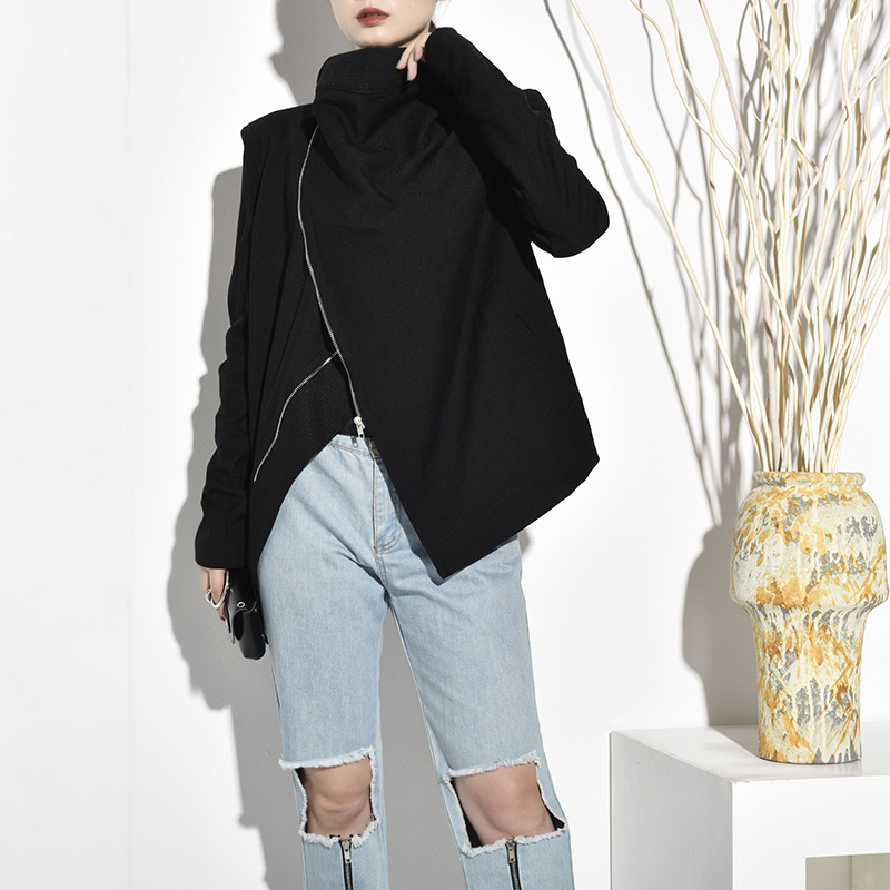 EAM Spring Autumn Stand Collar Long Sleeve Brief Zipper Personality Loose Short Jacket Women Coat Fashion JI1020 201017