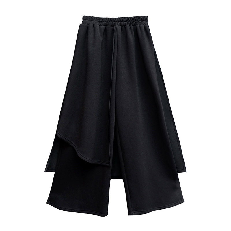EAM High Elastic Waist Black Irregular Long Wide Leg Trousers Loose Fit Pants Women Fashion Spring Autumn 1Z289 201228