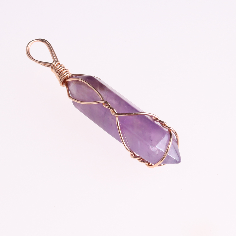 Natural stone pink quartz charms pillar shape point handmade iron wire Amethyst pendants for jewelry necklace earrings making