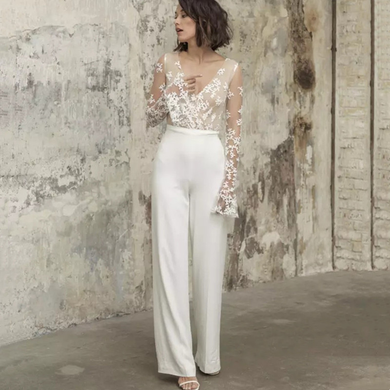 2022 Mermaid Wedding Dresses With Jumpsuit V-neck Lace Applique Jewel Wedding Dresses Sweep Train Bridal Gowns Vestidos De Novia