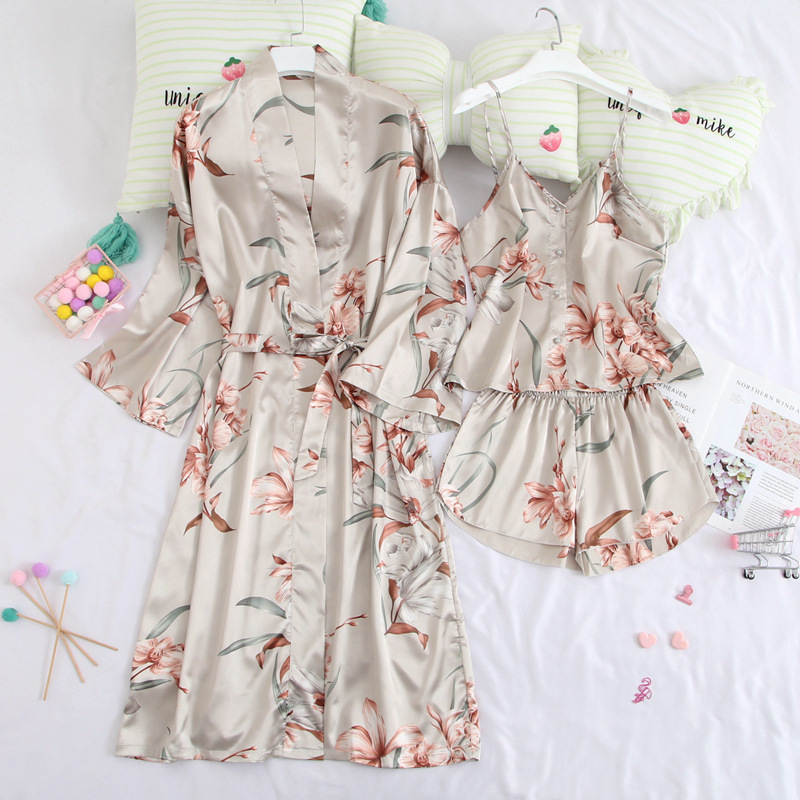 Smmoloa 3 Piece Silk Robe Women Silk Pajamas Set satin pajama sets T200429