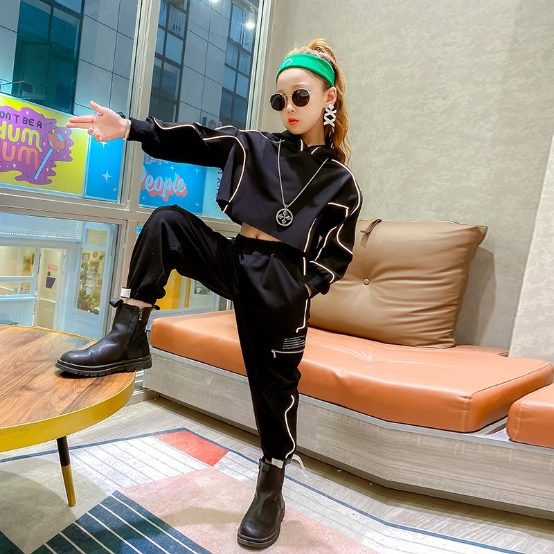 Children Clothes Autumn Teens Girls Kids Sets Hip-hop Dancers Reflective Suits Short Hoodies Cargo Pants Set 10 12 14 Years GirlX1019