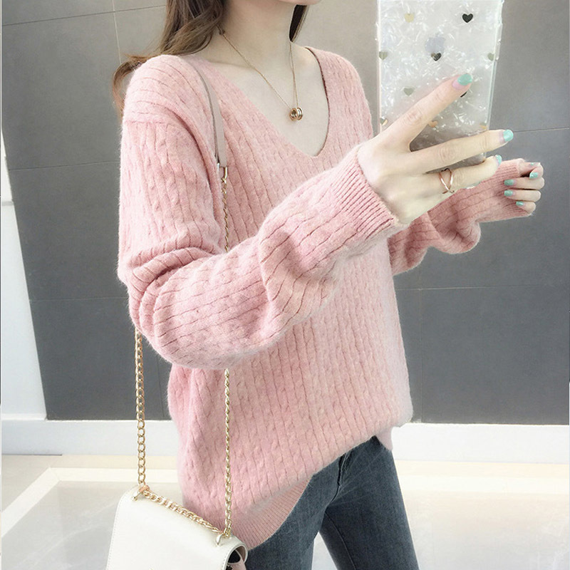 Casual V-Neck Women Sweater Winter Warm Jumper Pink Loose Cashmere Sweater Knitted Pullover Top Pull Hiver Femme 201225
