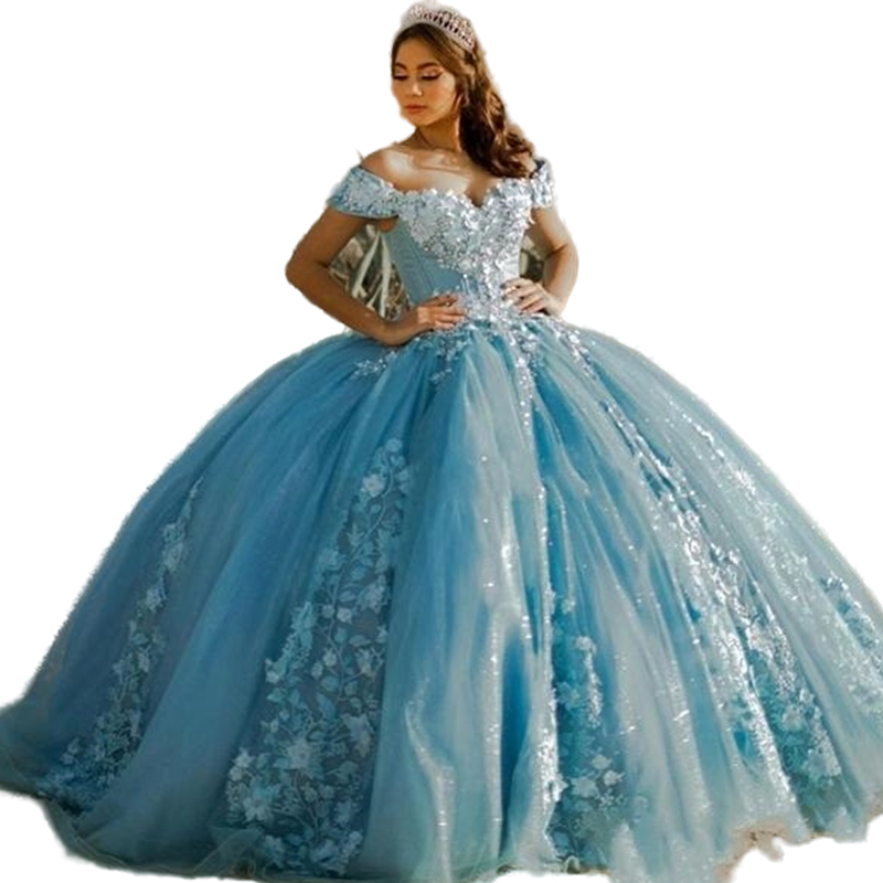 Light Sky Blue Quinceanera Dresses 2022 Off Shoulder Ball Gown 3D Flowers Lace Appliques Sweet 16 Dress 15 Brithday Party Wear Princess Gowns