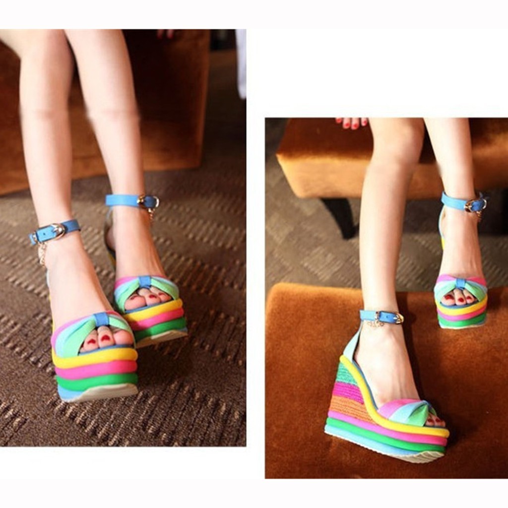 summer sandals women Women's Ladies Wedges High Multicolor PatchworkSandals Peep ToeRomanShoes sandals high heels